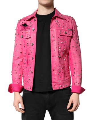 Dolce & Gabbana Mens Pink Denim Jacket Crystal Studded - Poppy Cotton - Size EU 46 (Mens)