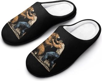 Generic Fighting With Bear Mens Slippers Slip On Comfortable Fleece Cotton House Shoes Winter