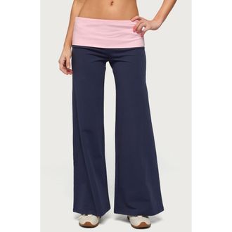 Edikted Foldover Contrast Wide Leg Pants in Navy at Nordstrom, Size X-Large