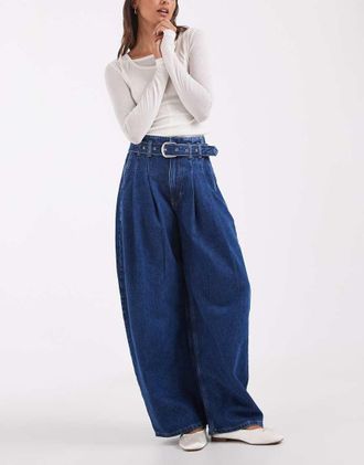 Asos jeans a gamba larga con cintura in blu medio