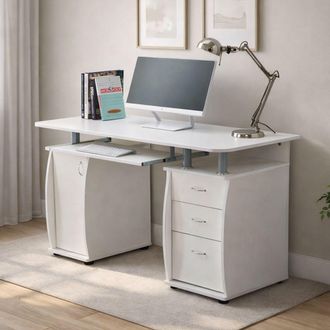 RayGar Wicklow Computer Desk with Storage Cabinet & 3 Drawers in White | Size: 1 Pack