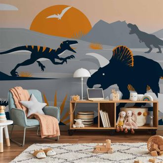 OEM Carta Da Parati Fotografica - Gli Ultimi Dinosauri Con Arancione - Paesaggio Astratto Per La Stanza