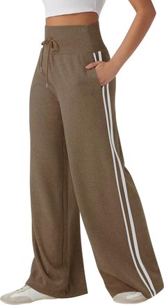 Generic Side Stripes Joggers for Women UK Trousers High Waisted Wide Leg Lounge Pants, Stretchy Drawstring Knit Bottoms with Side Stripes, Joggers for Ladies 