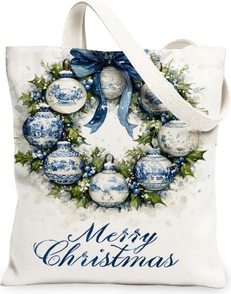 Generic Christmas Ornaments Canvas Tote Bags, Holiday Wreath Pattern Reusable Bags, Vintage Lightweight Washable Shoulder Strap Canvas 13x15 Inch