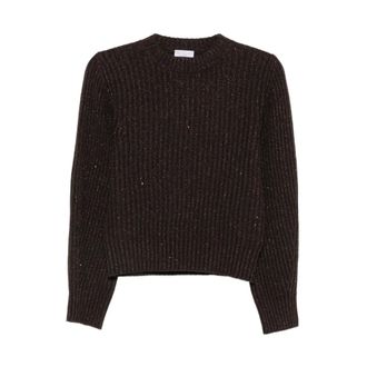 Brunello Cucinelli Truien & Vesten, Dames, Bruin, M, Katoen, Trui met Engelse rib en diamantgaren