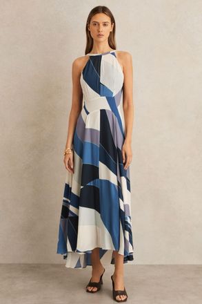 Reiss Womens Blue & Cream V-Back Midi Dress, Size: 8