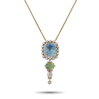 Luxury Bazaar 14K Yellow Gold 21ct Burma No Heat Sapphire, Tourmaline, and Diamond Pendant Necklace MF02-071426