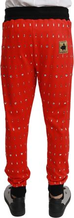 Dolce & Gabbana Mens Piggy Bank Crystal-Embellished Cotton Joggers Red