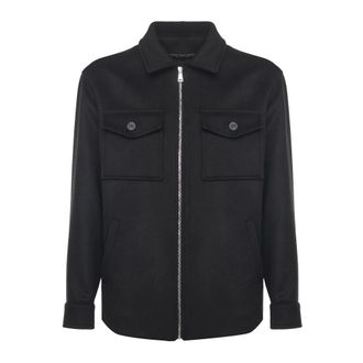 Giuliano Galiano Light Jackets, male, Black, 3XL, Black Wool Blend Zip Front Shirt