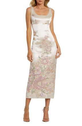 Mac Duggal Sleeveless Scoop Neck Floral Detail Brocade Midi Dress in Champagne Multi at Nordstrom, Size 12