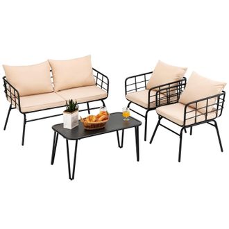Costway Costway 4 PCS Patio Conversation Set Outdoor Furniture Loveseat Coffee Table 2 Chairs in Beige