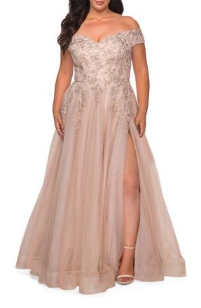 La Femme Off The Shoulder Tulle Plus Size Gown with Lace in Champagne at Nordstrom, Size 14W