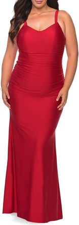 La Femme Long Ruched Plus Size Jersey Dress in Red at Nordstrom, Size 12W