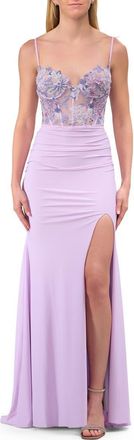 La Femme Fabulous Prom Dress with Multi Color Lace Bodice in Lavender at Nordstrom, Size 00