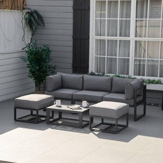 OUTSUNNY 6 PC Garden Daybed, Sectional Sofa Set with Coffee Table, Footstool in Grey