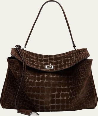 Balenciaga Rodeo Medium Croc-Embossed Suede Top-Handle Bag