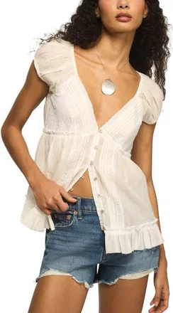 Lucky Brand Pleated Lace Trim Plunge Neck Babydoll Top in Bright White at Nordstrom, Size Xx-Large