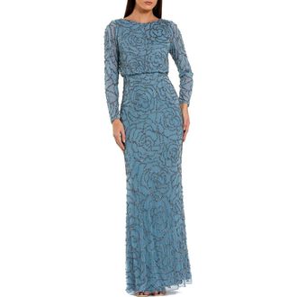 Mac Duggal Long Sleeve Floral Beaded Blouson Gown in Smoky Blue at Nordstrom, Size 16