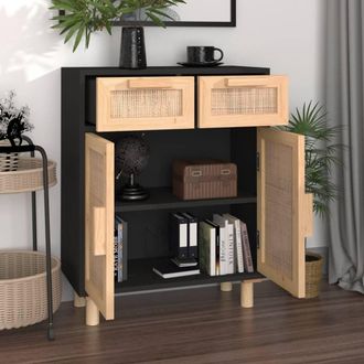 Berkfield Home Sideboard Black 60x30x75 cm Solid Wood Pine & Natural Rattan | Size: 60 x 30 x 75 cm
