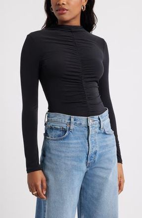 Open Edit Shirred Mock Neck Top in Black at Nordstrom Rack, Size Xx-Small
