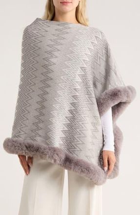 La Fiorentina Zigzag Poncho with Faux Fur Trim in Grey at Nordstrom Rack