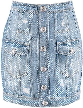 Balmain Crystal embellished denim mini skirt Size S