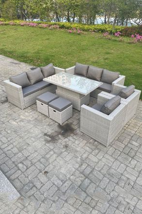 Fimous Rattan Garden Funiture Set Adjustable Rising Lifting Table Sofa Dining Set Lounge Sofa Arm Chair Stool in Light Grey