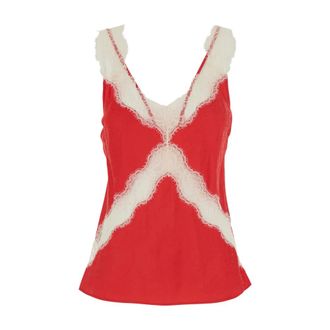 Pinko Sleeveless Tops, female, Red, Size: L Satin Jacquard Top with Lace and Round Neck