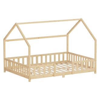 ML Design Ml-design Cama Infantil 140x200cm Natural, Con Protecci&oacute;n Antica&iacute;da, Techo Y Somier, Estructura Listones De Madera De Maciza De Pino Lecho De Suelo Mo