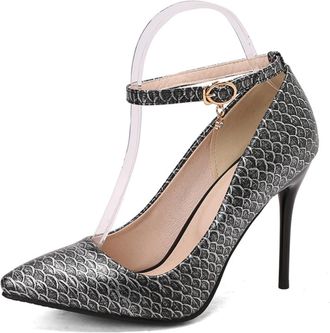 Generic Womens Snakeskin Textured Stiletto Heels Pointed Toe Ankle Strap Pumps with Decorative Charm Adjustable Buckle Closure Metallic Accents Slim High Heel