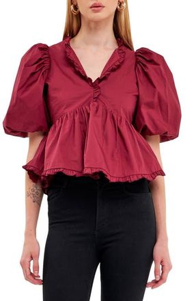endless rose Ruffle Trim Puff Sleeve Peplum Cotton Top in Burgundy at Nordstrom, Size Small