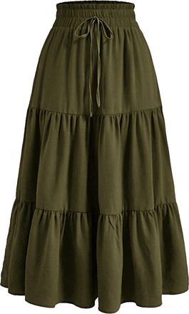 Generic Boho Midi Skirt Women Casual Boho Long Skirt Womens Maxi Skirts Floral Print Gypsy Skirts High Waist Elastic Waist Flowy Swing Skirt A-Line Skirts Tie