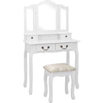 vidaXL Tavolo da Trucco e Sgabello Bianco 80x69x141 cm Legno Paulownia - Vidaxl