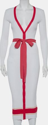 Elisabetta Franchi White Rib Knit Contrast Detail Belted Button Front Dress
