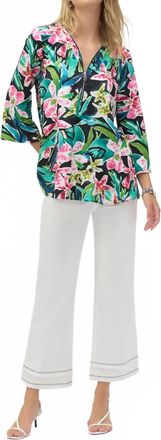 Joseph Ribkoff Bold Print Silky Knit 3/4 Flared Sleeve Tunic Top In Black/multi