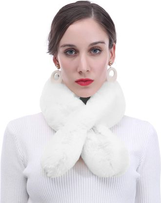 Lina & Lily Faux Fur Pull-Through Womens Winter Collar Scarf Neck Warmer Rectangle Fluffy (White)