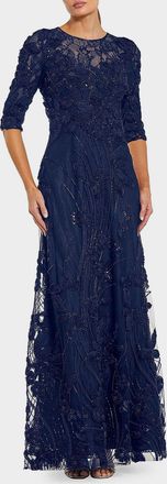Mac Duggal Beaded Floral Applique Lace Gown