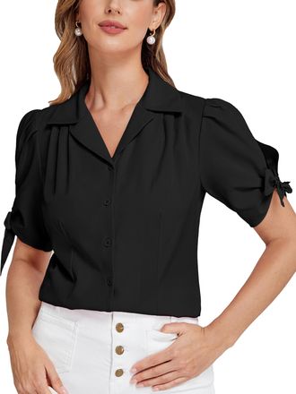 Belle Poque Womens Puff Shirt Spring Regular Fit Lapel Collar Office Blouse for Work Black XL