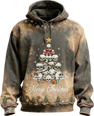 Generic Christmas Hoodie for Men, Horror Christmas Jumper with Hood and Pockets Skull Printed Ugly Xmas Jumper Sweaters Adults Novelty Long Sleeve Hooded Neck