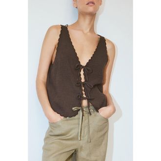 Mango Scalloped Double Gauze Tie Front Top in Chocolate at Nordstrom, Size X-Large