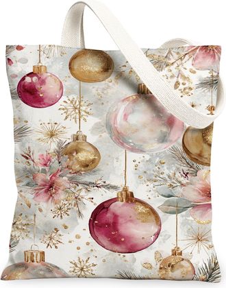 Generic Christmas Floral Canvas Tote Bags, Ornament Pattern Reusable Grocery Bags, Winter Vintage Lightweight Washable Shoulder Str, Peach, 13x15 Inch