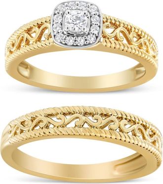 House of Brilliance 14K Yellow Gold over Silver 1/5 Cttw Diamond Halo and Milgrain Finish Engagement Ring Bridal Set