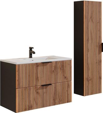 Vente-Unique Mueble de ba&ntilde;o suspendido con lavabo encastrado y armario - Natural claro y negro - 80 cm - MADELA