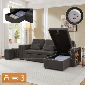 Matteo L-Shaped Convertible Sofa Bed with Storage & Charging Station in Grey
