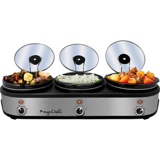MegaChef Triple 2.5 Quart Slow Cooker and Buffet Server in Brushed Silver and Black Finish with 3 Ceramic Cooking Pots and Removable Lid Rests in