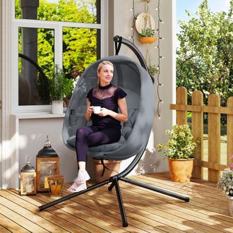 OUTSUNNY Hanging Egg Chair, Folding Texteline Swing Hammock with Side Pocket in Grey