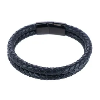 Trafalgar Store Simple Double Band Braided Secure Clasp Leather Bracelet in Black at Nordstrom