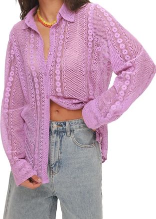 Generic Womens Lace Sheer Button Down Shirt - Long Sleeve Boho Cover Up Top for Vacation, Party & Daily Wear (Purple, S)