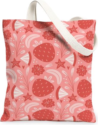 Generic Summer Strawberry Canvas Tote Bags, Floral Fruit Design Reusable Grocery Bags, Lightweight Washable Shoulder Strap Canvas F, Peach, 13x15 Inch