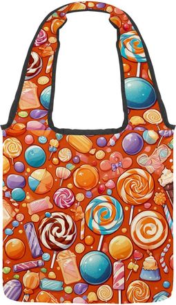 Generic Orange Candy Pattern Reversible Canvas Shoulder Tote - Double-Sided Print, 12oz Cotton, 27cm Drop, Fold-Flat Bag for Travel, Shopping, Street Outings